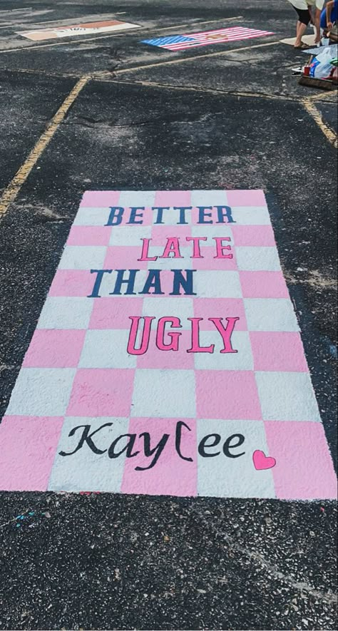 Super cute girly parking spot idea 💓✨🤍 Parking Spot Painting Matching, Senior Parking Spaces Girly, Senior Parking Spot Girly, Better Late Than Ugly Parking Spot, Grad Parking Spot Ideas, Duo Senior Parking Spots, Girly Parking Spot Painting, Barbie Parking Spot Painting, Cute Senior Parking Spot Ideas Pink