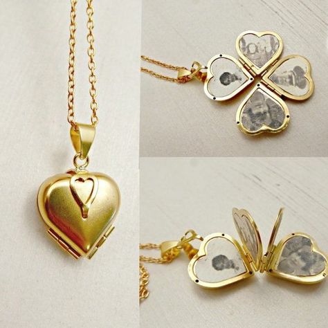 Eu preciso de cinco desses amei 💛💙💜💚❤ Jewelry Lockets, Gold Locket, Photo Locket, Lucky Clover, Fantasy Jewelry, Heart Locket, Dream Jewelry, Locket Necklace, Pretty Jewellery