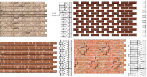 Brick Facade Pattern, Brick Bonds Patterns, Brick Design Pattern, Brick Wall Facade, Brick Wall Architecture, Brick Facade Design, Brick Types, Brick Wall Detail, Brickwork Pattern