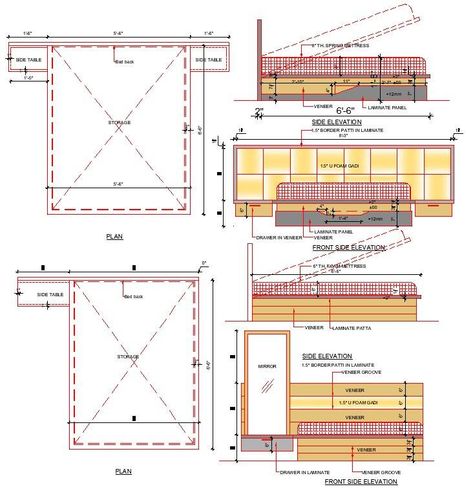 Bed detail drawing for 5'5 Bed Working Drawing, Bed Elevation Drawing, Bed Design Drawing, Bed Section Detail Drawing, Bed Detail Drawing, Modern Bed Design Master Bedrooms, Interior Details Drawing, Bed Elevation, Bed Drawing