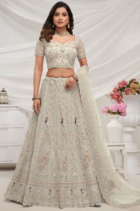 Dusty White Embroidered Net Designer Lehenga Choli Chaniya Choli Designs Weddings, Peacock Lehenga, Engagement Lehengas, Lehenga Styles, White Lehenga Choli, Chaniya Choli Designs, Reception Outfits, Net Lehenga Choli, Bridal Lehenga Online