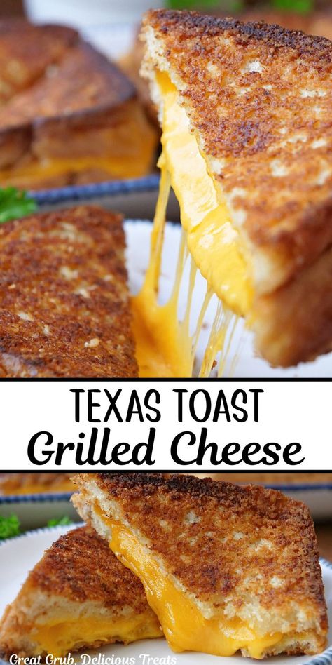 A double collage photo of a grilled cheese sandwich with a Parmesan garlic butter crust with the gooey cheese. Grilled Cheese With Texas Toast, Grilled Cheese Blt Sandwich, Texas Toast Sandwich, Recipes Using Texas Toast, Texas Toast Burger, Toasted Cheese Sandwich Recipes, Texas Toast Sandwich Ideas, Texas Toast Grilled Cheese, Ultimate Grilled Cheese Sandwich