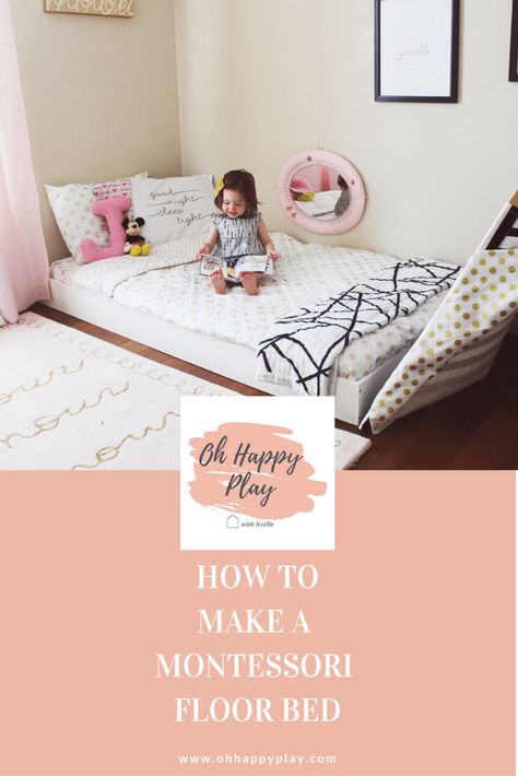 How to make a Montessori Floor Bed. The best DIY you can find on Floor beds! #Montessori #floorbed #DIY #beds #kidsrooms Ikea Tarva Floor Bed, Toddler Floor Bed Twin Size, Low Bed For Toddler, Toddler Bed Queen Size, Full Size Toddler Bed On Floor, Ikea Toddler Floor Bed Hack, Floor Mattress Nursery, Floor Bed Without Frame, Queen Mattress On Floor