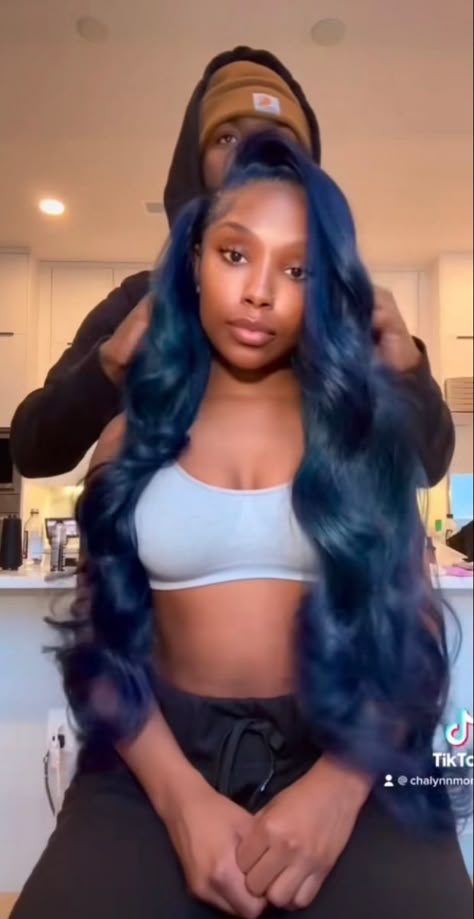 Blue Frontal Dark Skin, Dark Blue Side Part Wig, Mid Night Blue Wig, Midnight Blue Wig Black Women, Blue Weave Black Women, Navy Blue Frontal Wig, Blue Half Up Half Down Wig, Midnight Blue Lace Front Wig, Dark Blue Wig Black Women