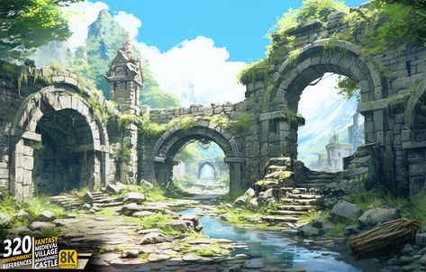 Stone Ruins Concept Art, Castle Ruins Art, Ruins Illustration, Fantasy Journal, Jungle Temple, Old Ruins, Solar Punk, Mc Builds, Castle Ruins