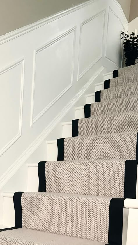 Lucy @homepoppylane | Stair Runner Prep 💫 From cracked and ugly to this beauty- just shows what a bit of patience, panelling, paint and a stair runner can do. … | Instagram White Painted Stairs With Carpet Runner, Blue Painted Stairs With Runner, French Grey Staircase, Runner Stairs And Landing, Stair Runner Edging, Open Tread Staircase Carpet, Dark Stair Runner Carpet, Stair Runner On White Stairs, Staircase Ideas Runner