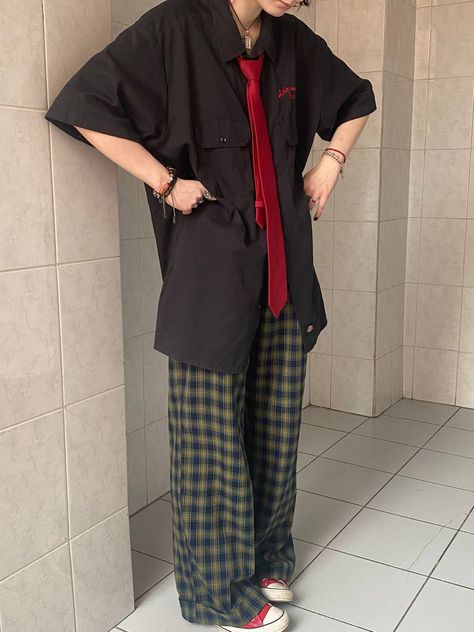 Tie Alternative Men, Red Aesthetic Outfits Men, Red And Black Alt Outfits Masc, Grunge Tie Outfit, Witchcore Outfit Male, Red Converse Outfit Men, Red Checkered Shirt Outfit, Outfit Ideas Red And Black, Outfits With Red Converse