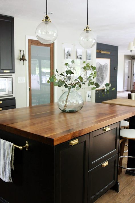 Casual Friday - Chris Loves Julia Kitchen With Black Cabinets, Black Kitchen Island, Butcher Blocks, Kitchen Island Decor, Kitchen Remodel Before And After, Classic Kitchen, Kitchen Decor Modern, Butcher Block Countertops, Black Cabinets