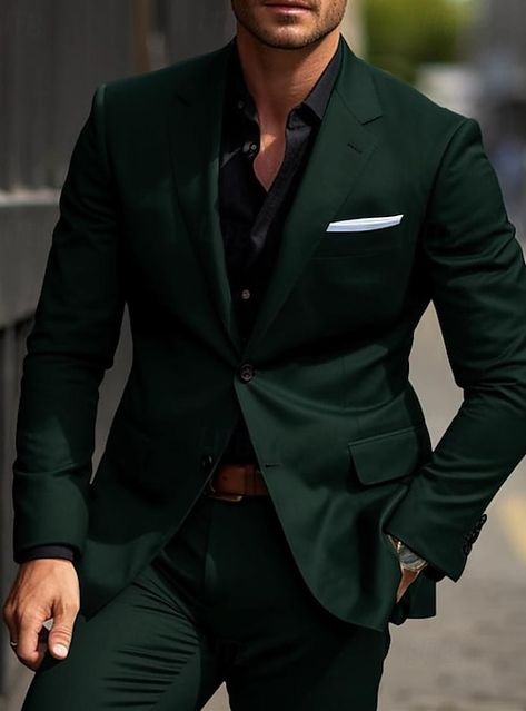 Men’s Wedding Tuxedo Green, Deep Green Tuxedo Wedding, Men Wedding Groom Outfit, Phalo Green Wedding, Green Suit For Man, Mens Green Tuxedo, Black Green Suit Men, Dark Green Prom Outfit Men, Groom Attire No Tie