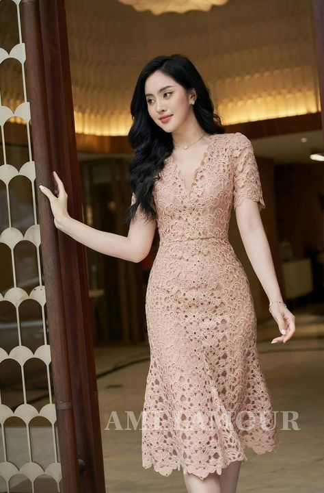 Hakoba A Line Dress, Middy Dress Party, ဂါဝန်ချုပ်ပုံ Cute, Hakoba Frocks For Women, Elegant Lace Dress Classy, Lace Dress Designs Classy, Myanmar Dress Design Fashion, Party Wear Dresses Western Short, Hakoba Dress