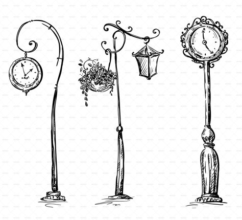 Streetlight Drawing, Street Lamp Sketch, Lamp Post Painting, Lamp Drawing, Realistic Flower Drawing, Creepy Sketches, Clock Drawing, Clock Drawings, Lamp Tattoo