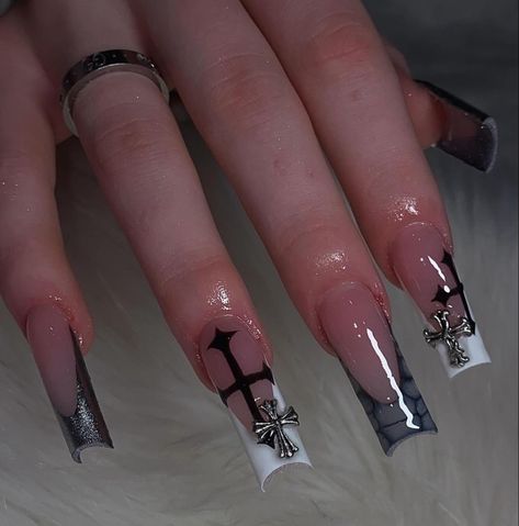 Black Cross Nail Designs, Rip Nail Designs, Crucifix Nails, Black Nails With Cross Design, Cross French Tip Nails, Dark Coffin Nail Ideas, Black Cross Nails, Black Nails With Cross, Cross Nails Design