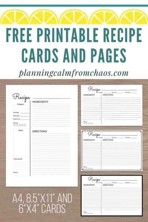 Free Printable Recipe Cards and Pages - Planning Calm From Chaos Recipe Pages Printable Free, Recipe Templates Free, Recipe Organization Binder, Recipe Binder Printables, Recipe Book Printables, Diy Recipe Binder, Printable Recipe Page, Junque Journal, Recipes Cards