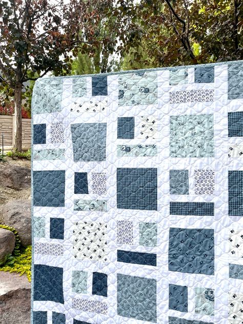 Around the Block Quilt in Blues Quilt Patterns In Blues, Serenity Quilt Pattern, Quilts With Blue Background, Modern Minimalist Quilt Patterns, Around The Block Quilt Pattern, Blue And White Quilt Patterns Free, Simple Squares Quilt, Quilts For Guys, Male Quilts Patterns