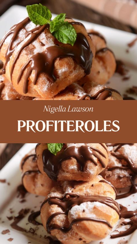 Nigella Profiteroles Easy Profiteroles Recipe, Perfiteroles Recipe, Vegan Profiteroles, Nigella Recipes, Profiteroles Recipe, Savoury Treats, British Sweets, Hot Chocolate Sauce, Nigella Lawson Recipes