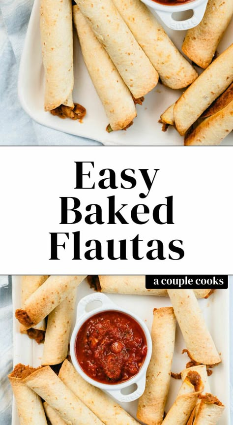 These oven baked flautas are filled with a zesty refried bean and cheese filling! Similar to taquitos, they can be made with either flour or corn tortillas. #flautas #taquitos #mealprep #mexican #snack Taquitos With Rice And Beans, Bean And Cheese Flautas, Flour Taquitos Baked, Flautas With Flour Tortillas, Refried Beans Taquitos, Baked Flautas Corn Tortillas, Bean Taquitos Baked, Flautas Recipe Flour Tortillas, Oven Flautas