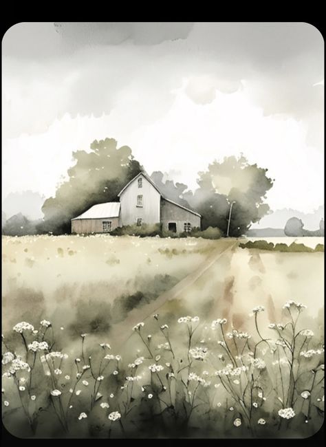 Texas Landscape Paintings, Watercolor Farm Landscape, Farm Watercolor Paintings, Neutral Watercolor Painting, Barn Watercolor Painting, Neutral Paintings, Outhouse Ideas, Painting Wild Flowers, Watercolors Ideas