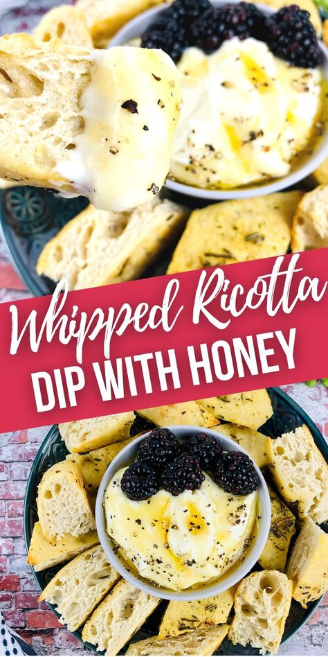 Whipped Ricotta recipe is a crowd pleaser for sure. This luscious dip is drizzled with honey and perfect for dipping bread, veggies or fruit. Baked Ricotta Dip Appetizers, Ricotta Cheese With Honey, Baked Ricotta With Honey, Baked Riccota Cheese Dip, Whipped Ricotta Dip With Honey, Crockpot Ricotta Dip, Best Whipped Ricotta Dip, Whipped Ricotta Crostini Appetizers, Ricotta Recipes Appetizers