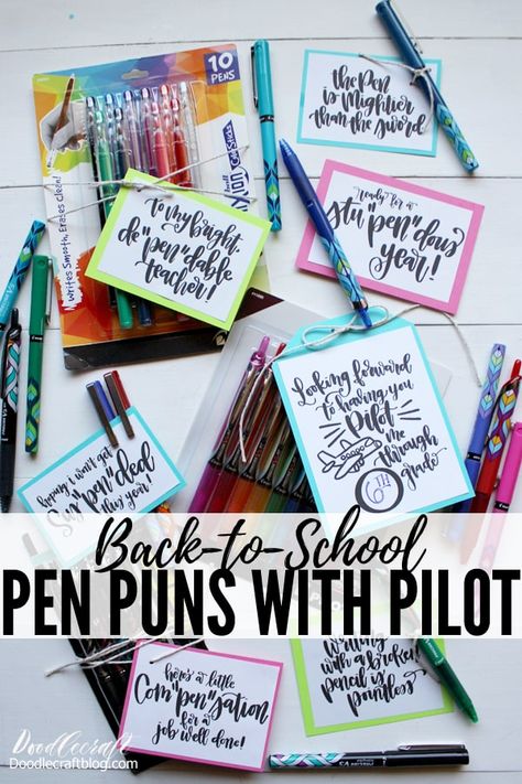 Pilot Pens with clever puns printed on tags scattered on table showcasing many varieties and colors of Pilot pens, precise, G2 and Frixion color sticks Teacher Pen Gift Idea, Pen Puns Gift, Pen Sayings Gift Ideas, Pen Quotes Gift, Pen Appreciation Tags, Pens For Teachers Gift Ideas, Teacher Appreciation Gifts Flair Pens, Pencil Puns For Students, Flair Pens Teacher Gift