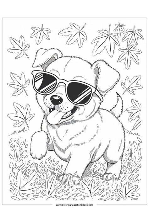 A happy dog with sunglasses playing in a field of falling leaves. Free Dog Coloring Pages, Dog Coloring Pages Free Printable, Kawaii Puppy, Printable Dog, Puppy Coloring Pages, Kawaii Dog, Dog Coloring Page, Free Dogs, Stylish Sunglasses