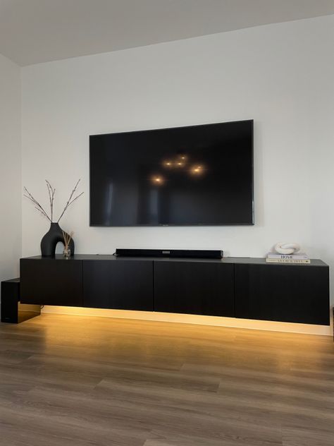 Diy Tv Stand With Led Lights, Floating Tv Shelf With Led Lights, Aesthetic Tv Cabinet, Floating Tv Cabinet Living Room, Sleek Tv Cabinet, Floating Cabinet Living Room, Tv Stand Lighting Ideas, Media Consoles Living Room, Tb Cabinet