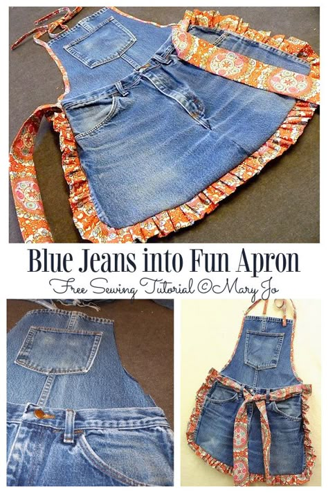 DIY Recycled Denim Jeans Bib Apron Free Sewing Patterns | Fabric Art DIY How To Make Apron From Old Jeans, Jean Aprons Diy Patterns, Jeans Apron Diy Recycled Denim, Jean Apron Diy Recycled Denim, Apron From Jeans, Aprons Diy Patterns, Diy Denim Crafts, Christmas Card Easy, Bib Apron Pattern