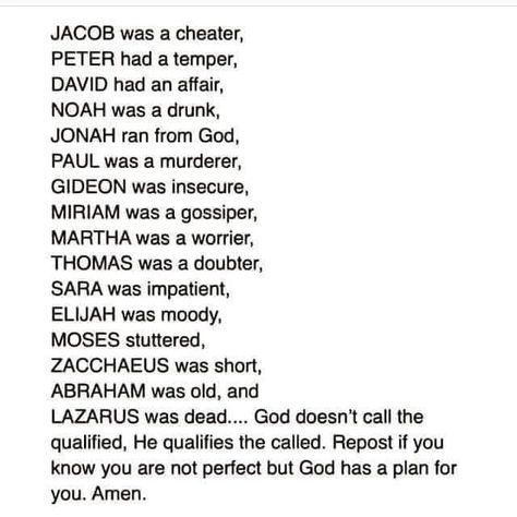 Candace Susan Lyons on Instagram: "🤔DO YOU EVER WONDER WHY GOD called you to do something for HIM? There are many reasons why GOD shouldn't have called you, or me, or anyone else for that matter, BUT GOD doesn't wait until we are perfect to call us. . Think of all those GOD used. You're in good company if you think you aren't ready for GOD to use. Jacob was a liar, Peter had a temper, David had an affair, Noah got drunk, Jonah ran from GOD, Paul was a murderer, Gideon was insecure, Miriam was Something For Him, Soli Deo Gloria, In Good Company, Bible Study Lessons, Love Truths, Perfect People, God Is Real, Words Matter, God Can