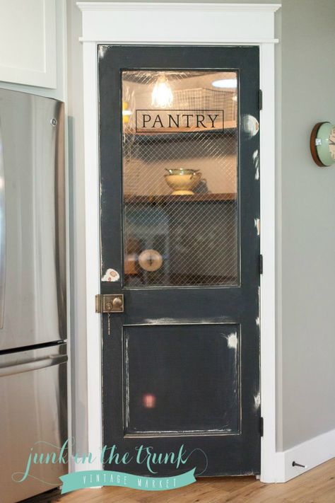 pantry black with logo - lose the wire glass...that stuff is dangerous.  Looks cool but unless it's chicken wire attached on the other side not cool. Vintage Doors Repurposed, Door Repurposed, Wooden Ladders, Vintage Pantry, Doors Repurposed, Pantry Doors, Pantry Ideas, Pantry Door, Butler's Pantry