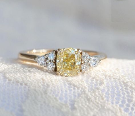 Canary Yellow Diamonds, Wedding Ring Cushion, Cushion Cut Diamond Engagement Ring, Yellow Diamond Ring, Canary Diamond, Yellow Cushion, Cushion Cut Diamond Ring, Cushion Engagement Ring, Ring Elegant