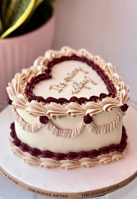 Burgundy Birthday Cake For Women, Fall Design Cakes, Brown Heart Shaped Cake, Heart Themed Cake, Fancy Heart Cake, Fall Cake Inspiration, Two Tier Vintage Heart Cake, Chocolate Heart Cake Birthday, Chocolate Lambeth Cake