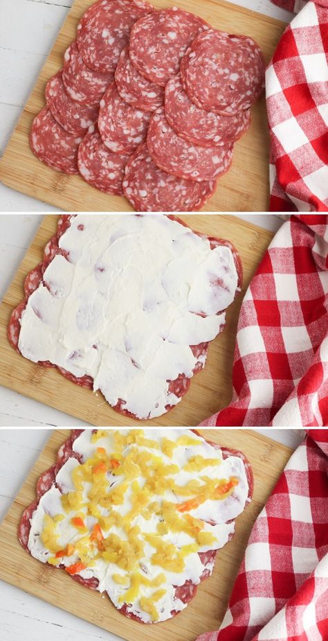 Salami Roll Ups Recipe - Dine Dream Discover Salami Boursin Roll Ups, Salami Pinwheels, Salami Roll Ups, Salami Rolls, Salami Recipes, Cream Cheese Roll Up, Recipes By Ingredients, Biscuits Recipes, Cream Cheese Rolls