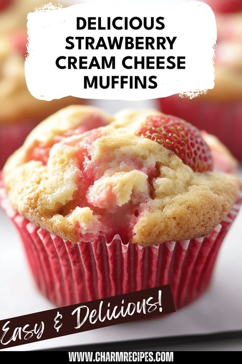 Try these delicious strawberry cream cheese muffins, perfect for breakfast or a coffee treat! Moist and fluffy muffins are generously packed with fresh strawberries and feature a delightful cream cheese filling that melts in your mouth. These strawberry muffins are easy to make and will elevate your afternoon tea. Serve them warm from the oven or enjoy them cold; either way, they deliver a fantastic balance of sweet berry flavor and tangy creaminess. Perfect snack for all strawberry lovers! Strawberry Muffins With Cream Cheese, Ways To Use Strawberries, Fresh Strawberry Recipes Easy, Strawberry Cream Cheese Recipes, Berry Cream Cheese Muffins, Cream Cheese Filled Muffins, Strawberry Jam Muffins Recipe, Strawberry Muffins Easy, Strawberry Cream Cheese Dessert