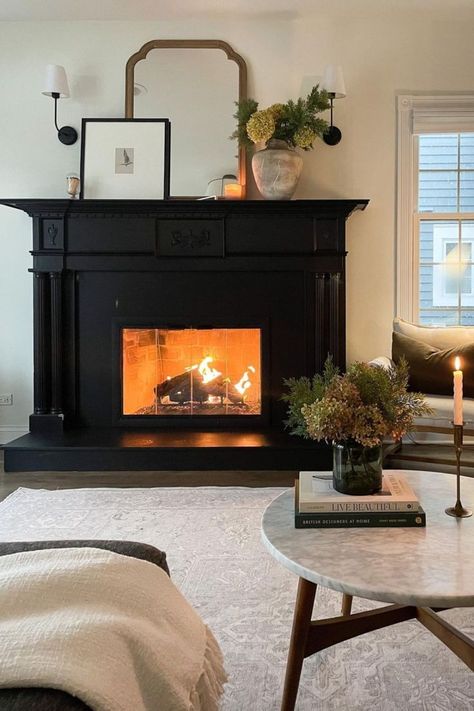 White Fireplace Black Mantel, Matte Black Fireplace, Black Fireplace Mantels, Black Fireplace Mantel, Cozy Vintage Living Room, Black Fireplace Surround, Moody Modern, Faux Fireplace Diy, Vintage Fireplace