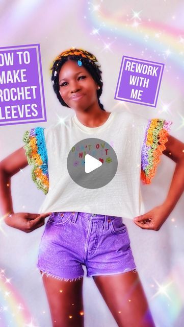 Ashlee Elle. on Instagram: "🌈Making Crochet Sleeves with this Rework With Me 🧶 Sharing 2 of the methods that I like to use, when I create these Dream Duos-T-Shirt & Crochet fusion makes. ✨🧶🪡✂️

✂️Can entirely practice with an old shirt from your closet for the upcycle, to try out which method works best for you. Experiment with it & like the shirt says, “Don’t over think it” & always have Fun creating 💖

✨Extra bits:🪡I like to sew by hand-“Coats & Clark Nylon Monofilament Clear Nylon Thread”
✂️Fiskars (my favorite fabric cutting scissor)
🧶Yarn: Caron “Cinnamon Swirl Cakes” @yarnspirations ✨
.
#crochet #crochetersofinstagram #crochetwithme #upcycle #sustainablefashion #crochetinspiration #rework" Sweatshirt With Crochet Sleeves, Adding Crochet Sleeves To Shirt, Caron Cinnamon Swirl Cakes, Swirl Cakes, Cinnamon Swirl Cake, Shirt Crochet, Crochet Sleeves, Swirl Cake, Cinnamon Swirl