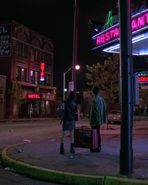 Road trips, neon signs, travel light, train rides-cross country, motels. #mysterytrain Mystery Train Movie, Jim Jarmusch Aesthetic, Jim Jarmusch Films, Mystery Train 1989, Travel Aesthetic Train, Train Movie, Jim Jarmusch, Mystery Train, Hotel Ads