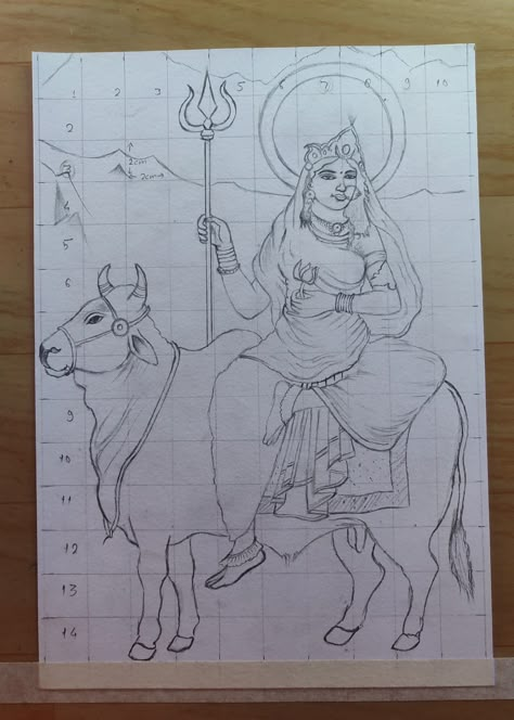 Devi Sketch, Devi Shailputri, Mata Shailputri, Drawing Of God, Jai Mahadev, Goddess Pictures, God Illustration, God Drawing, Easy Sketches