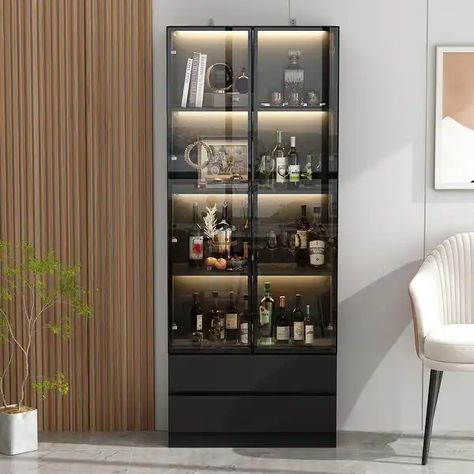 Modern Glass Cabinet, Speakeasy Basement, Mini Sala, Trophy Cabinets, Wine Room Design, Dining Room Cabinet, Drawer Wood, Accent Storage Cabinet, Dining Cabinet