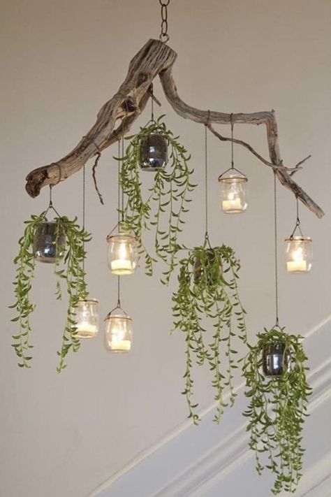 Natural and Ethereal Chandelier Candle Chandelier Diy, Plants And Candles, Coastal Chic Decor, Driftwood Chandelier, Bottle Chandelier, Easy Home Decor Ideas, Framed Plants, Chandelier Ideas, Plate Wall Art