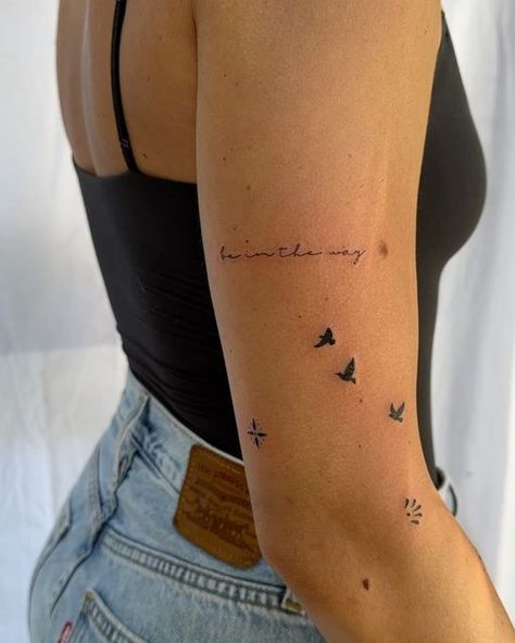 Birds Quotes, Minimalist Lettering, Community Tattoo, Bird Tattoos For Women, International Tattoo, Upper Arm Tattoos, Bicep Tattoo, Bird Tattoos, Flying Birds