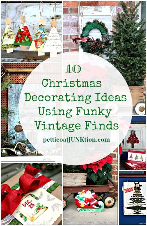 10 Creative Christmas Decorating Ideas using Vintage finds and funky junk. Crazy Christmas Decorations, Upcycled Christmas Decorations, Recycled Diy, Upcycled Christmas, Recycled Christmas, Repurposing Ideas, Vintage Christmas Crafts, Christmas Craft Ideas, Upcycling Projects