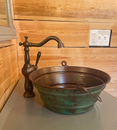 Rustic Bathroom Sinks, Copper Sink Care, Patina Design, Bucket Sink, Copper Vessel Sinks, Copper Sinks, Bath Sink, Copper Vessel, Cabin Bathrooms