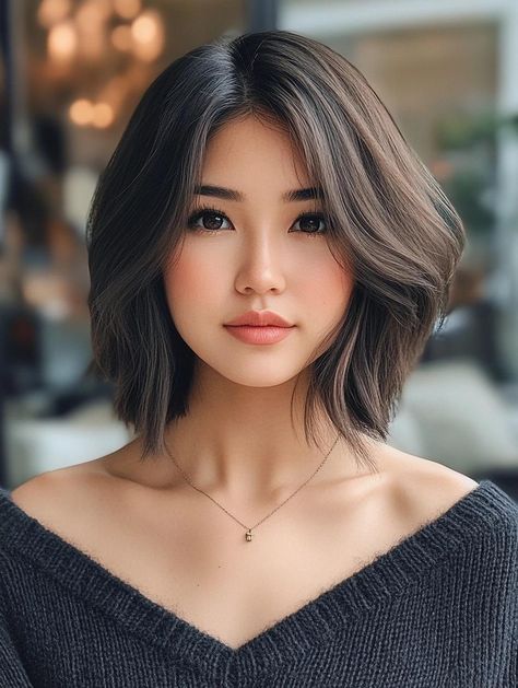 Best Bob Haircuts for Round Faces to Enhance Your Features Korean Layered Bob Haircut, Asymmetrical Bob With Bangs Round Faces, Shoulder Length Haircut Asian, Asian Face Framing Hair, Long Bob Haircut With Bangs Round Face, Bob Haircut Asian Hair, Short Bob With Curtain Bangs Round Face, Asian Haircuts For Round Faces, French Bob Asian