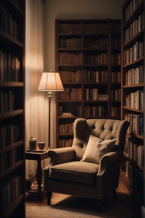 Cosy Reading Area, Library Corner Living Room, Reading Nook In Bedroom Small Cozy Corner Comfy Chair, Reading Chairs Comfy, Reading Nook Aesthetic, Comfy Reading Nook, Dark Modern House, Cozy Office Space, Cozy Reading Chair