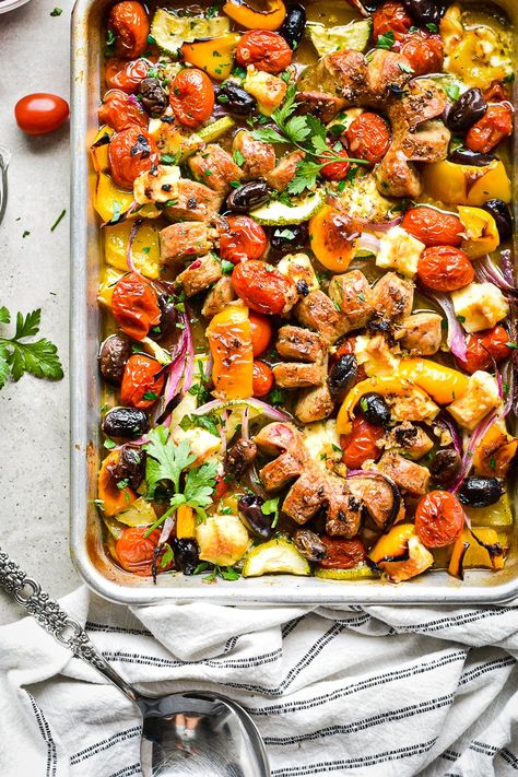 Greek Sausage, Italian Style Chicken, Sausage Sheet Pan Dinner, Sausage Tray Bake, Sausage Sheet Pan, Feta And Olives, Chicken Sausage Recipes, Sausage Dinner, Greek Dinners