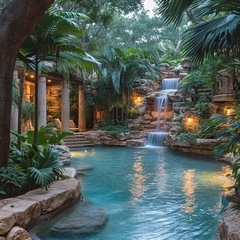 Houses With Pools In The Middle, Pool Grotto Waterfall, Beautiful Pool Ideas, Mountain Pool Ideas, Amazing Pools Backyard Luxury, Dream Backyard Pool Luxury, Luxury Outdoor Pool, Natural Pools Backyard, Natural Swimming Pool Designs