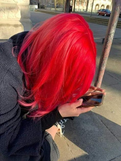 Bright Red Pink Hair, Electric Red Hair, Red Pinkish Hair, Red Bright Hair, Pink Red Hair Color, Bright Red Hair Aesthetic, Red Hair Color Bright, Red Fire Hair, Fire Engine Red Hair