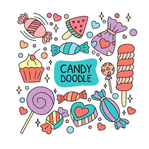 Vector set candy doodle hand drawn desig... | Premium Vector #Freepik #vector #candy-drawing #sketches #lollipop #candies Candy Illustration Graphics, Candy World Drawing, Lollipop Doodle, Cute Candy Drawing, Candy Doodles, Candy Drawings, Candy Illustration, Lolly Jars, Candy Drawing