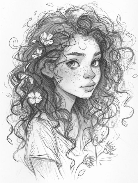 25 Cute Female Character Sketch Ideas for All Skill Levels - Brighter Craft Curly Hair Portrait Drawing, Hair With Flowers Drawing, Cute People Sketches, Sketch Doodle Ideas, Curly Hair Girl Sketch, Flower Hair Drawing, Cute Portrait Drawing, Mk Drawings, Flowers In Hair Drawing