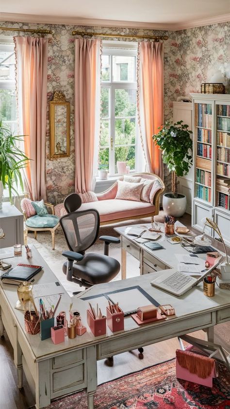 Eclectic Office Decor, Feminine Home Office, Gorgeous Office, Architectural Photos, Yellow Kitchen Cabinets, Feminine Home, Home Office Design Ideas, Feminine Home Offices, Small Workspace