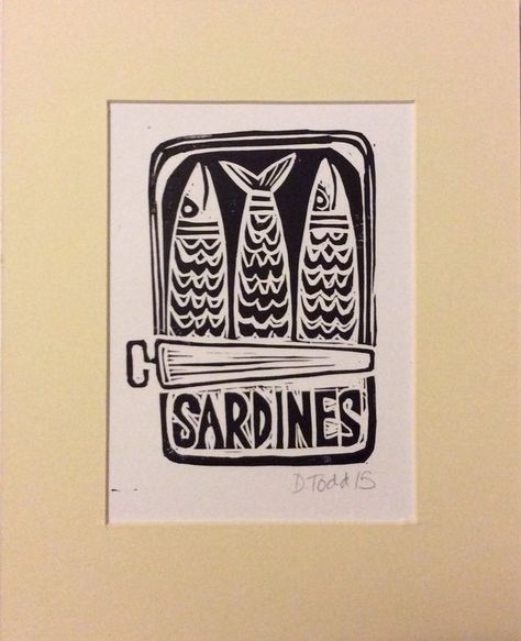 Tin Of Sardines, Art For The Kitchen, Print Making Designs, Linoleum Block Printing, Linoleum Print, Linocut Printmaking, Lino Art, Hand Carved Stamps, Stamp Carving